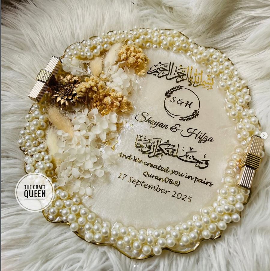 Handmade Islamic Resin Nikah Platter with Pearl Detailing