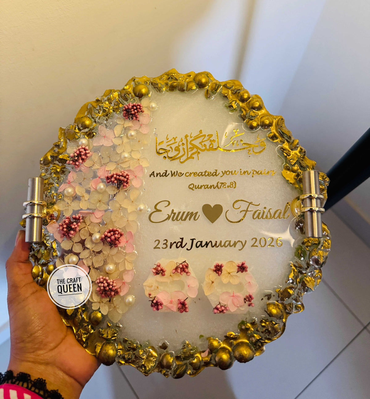 Customized Nikah Resin Ring Tray with Quranic Verse & Floral Detailing