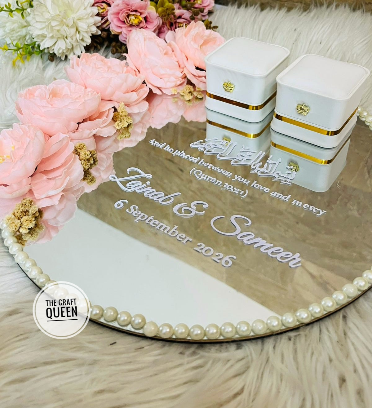 Blush Pink Floral Mirror Tray with White & Gold Favor Boxes
