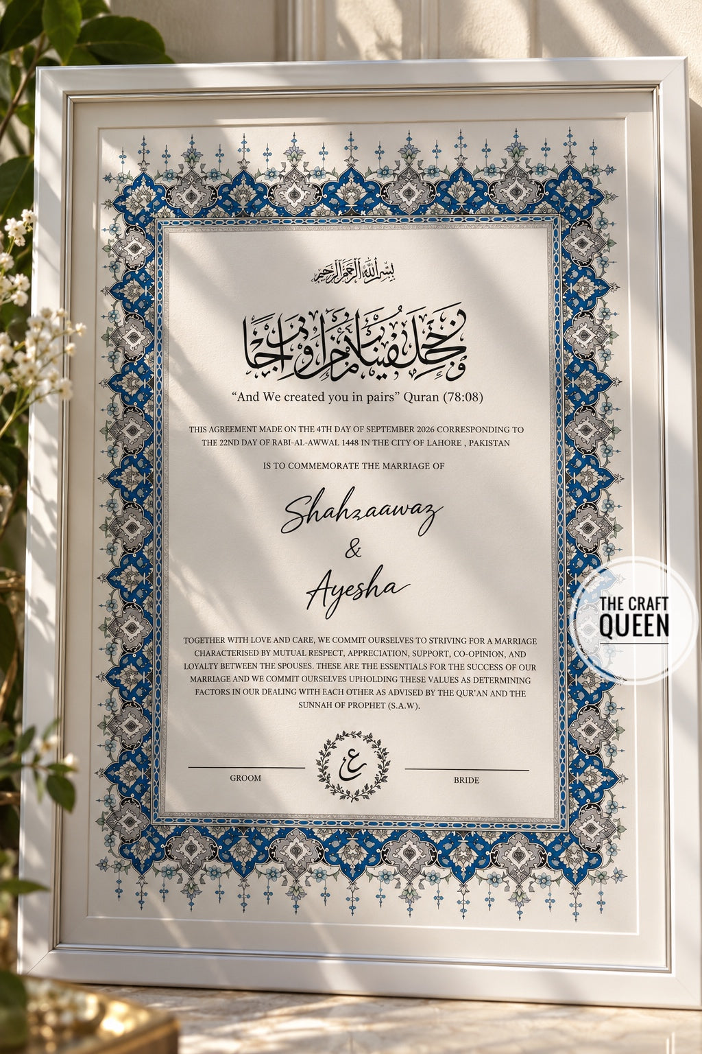 Royal Blue & Silver Nikah Certificate with White Frame – Personalized Islamic Marriage Keepsake