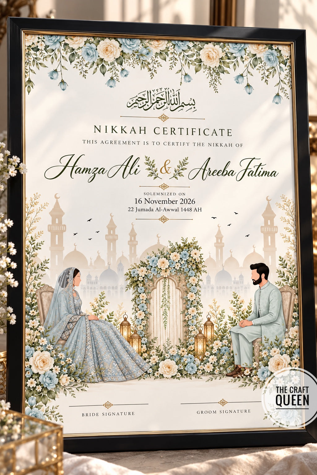 Blue Garden Nikah Certificate Frame with Illustrated Wedding Scene