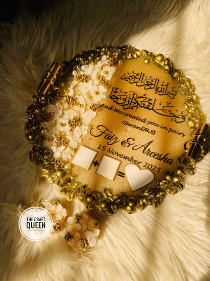 Luxury Resin Nikkah Nama Plate – Custom Islamic Wedding Signature Tray with Names & Date | Handmade Resin Décor