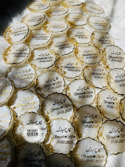 Custom Resin Nikkah Favors – Personalized Wedding Coasters with Name & Date | Premium Acrylic Giveaway for Events