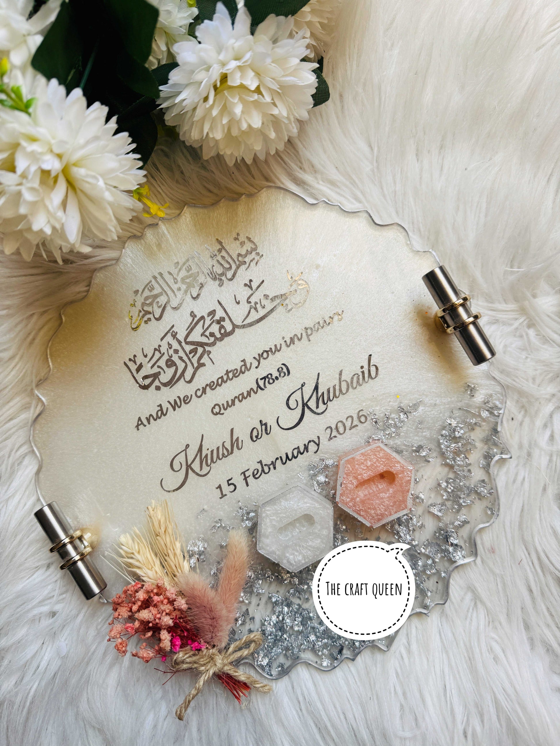 Noor Personalized Nikah Resin Tray - Sliver with Peach