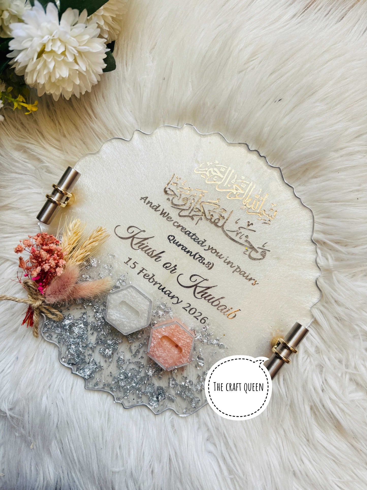Noor Personalized Nikah Resin Tray - Sliver with Peach