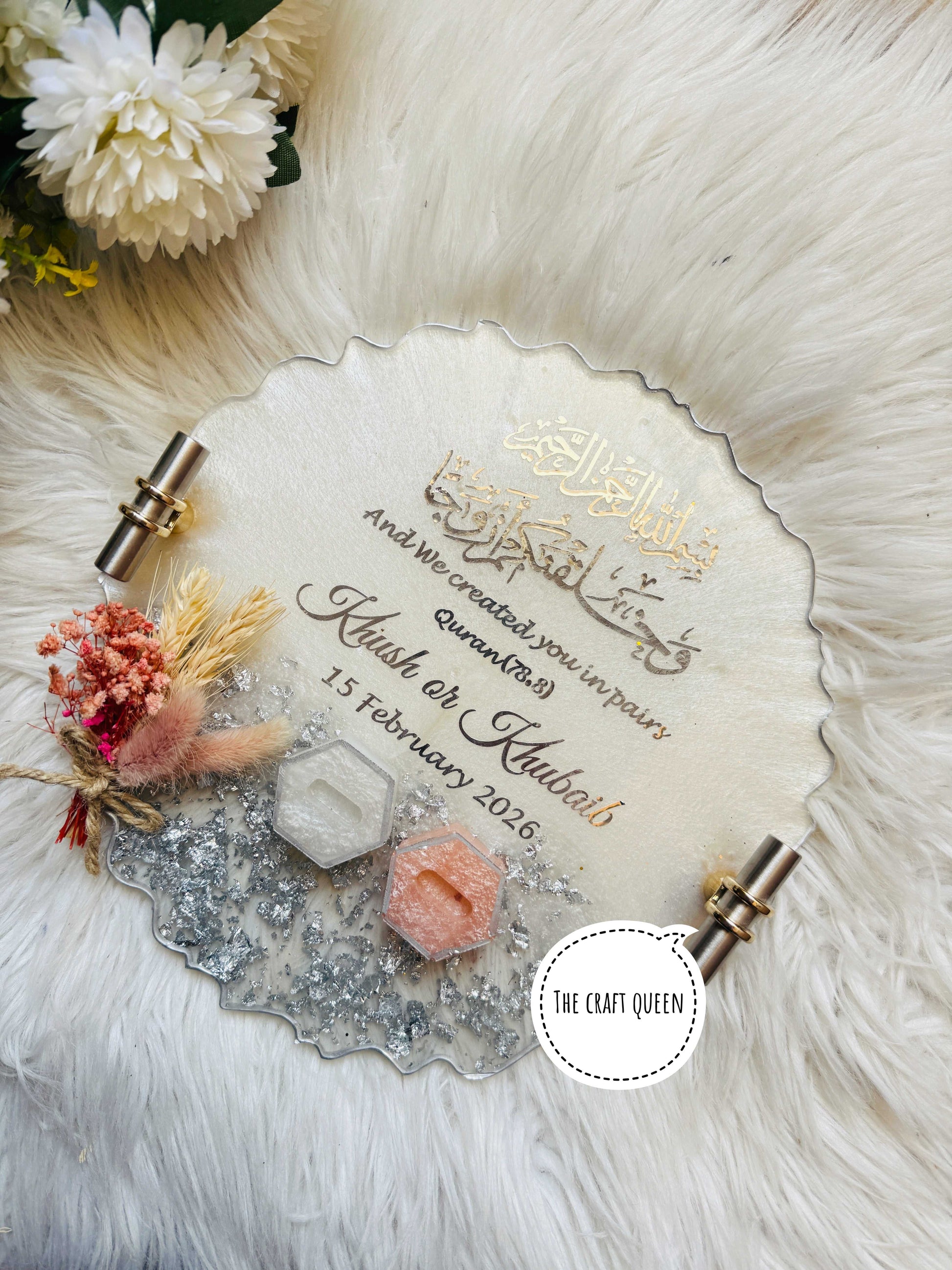 Noor Personalized Nikah Resin Tray - Sliver with Peach