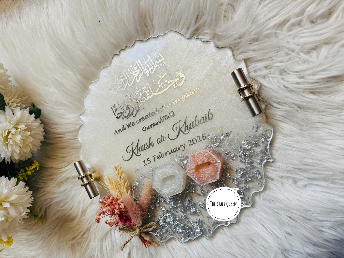 Noor Personalized Nikah Resin Tray - Sliver with Peach