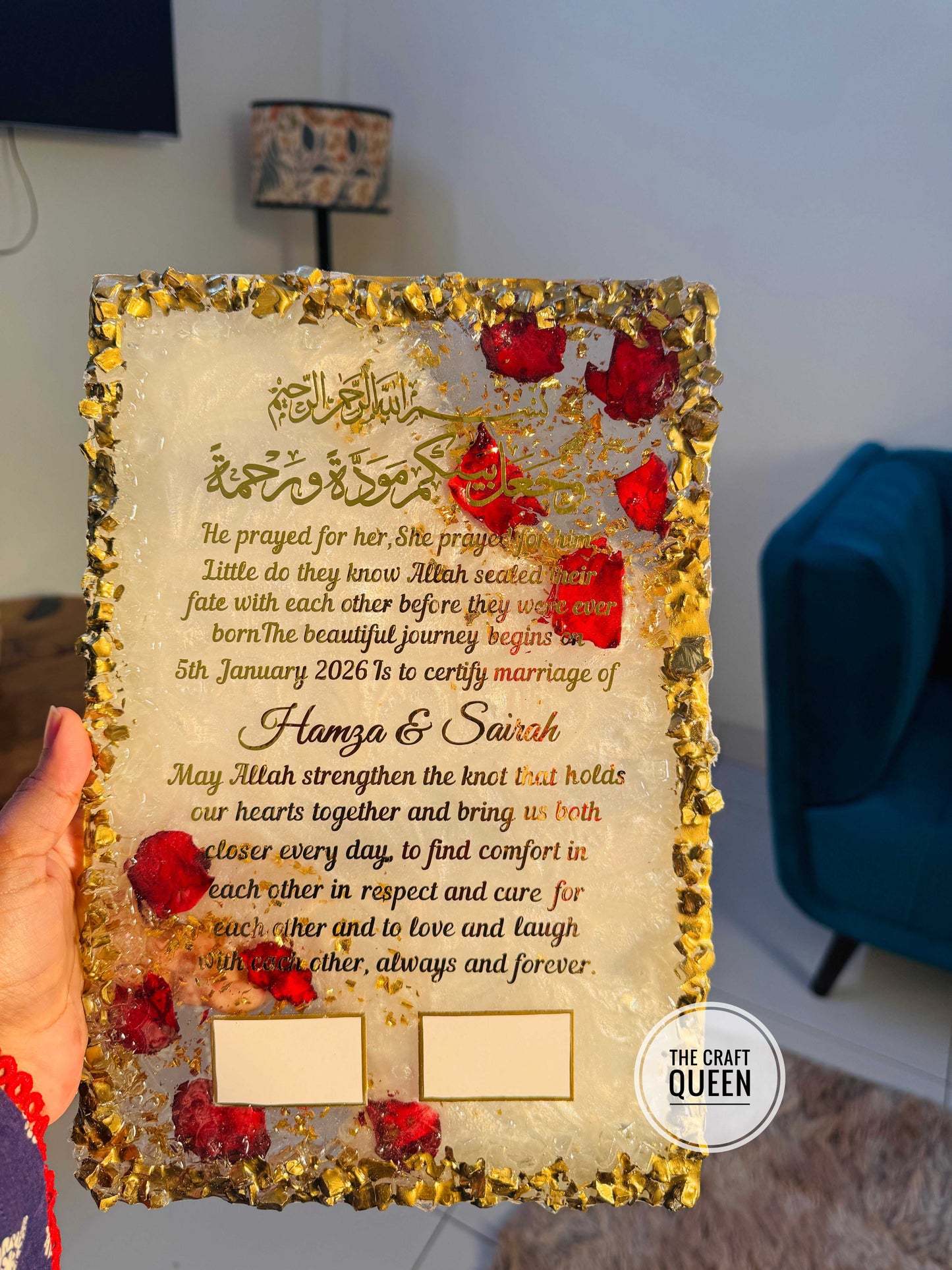 Personalized Islamic Nikah Resin Frame with Preserved Roses & Arabic Calligraphy