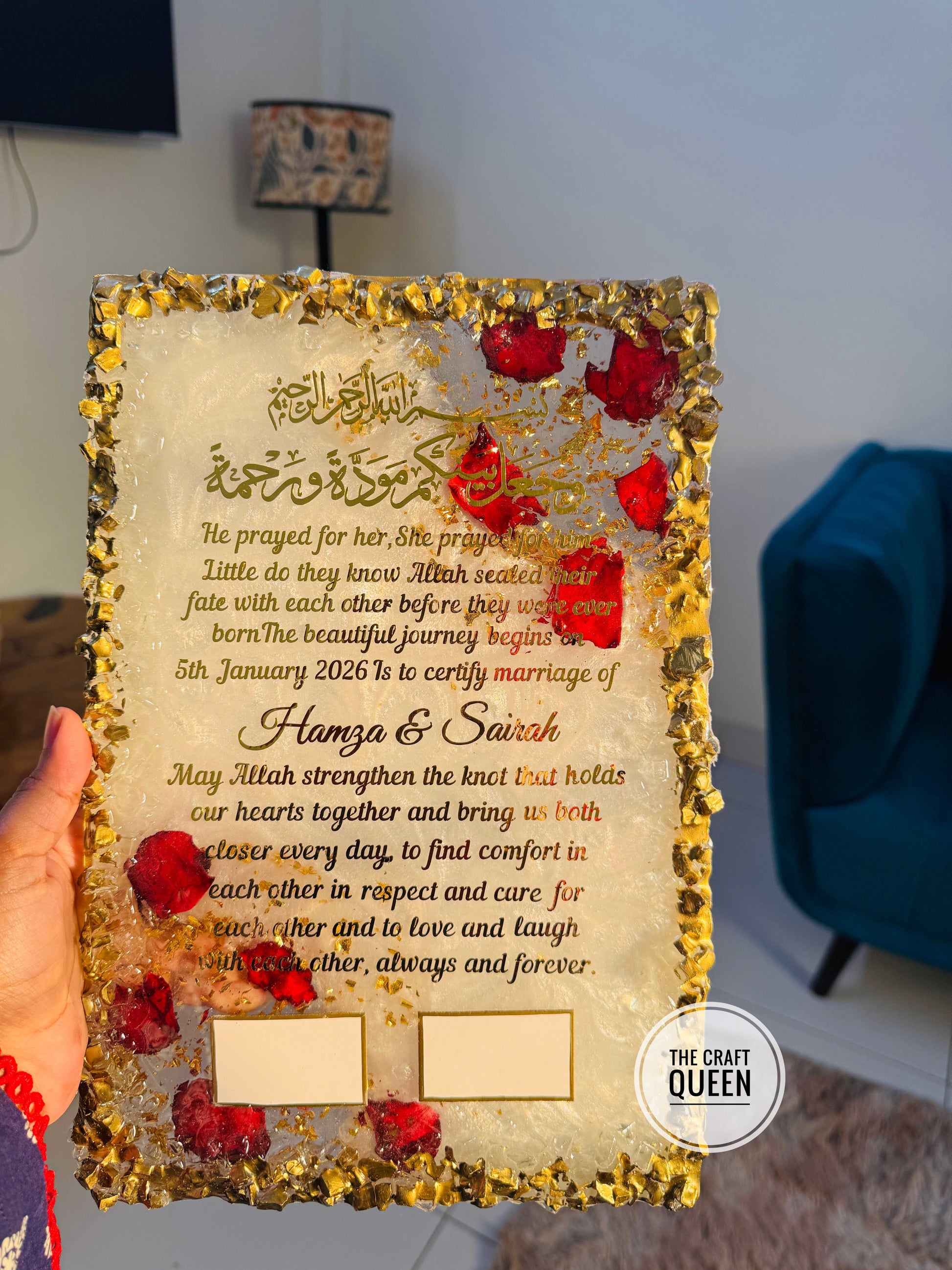 Personalized Islamic Nikah Resin Frame with Preserved Roses & Arabic Calligraphy