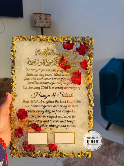 Personalized Islamic Nikah Resin Frame with Preserved Roses & Arabic Calligraphy