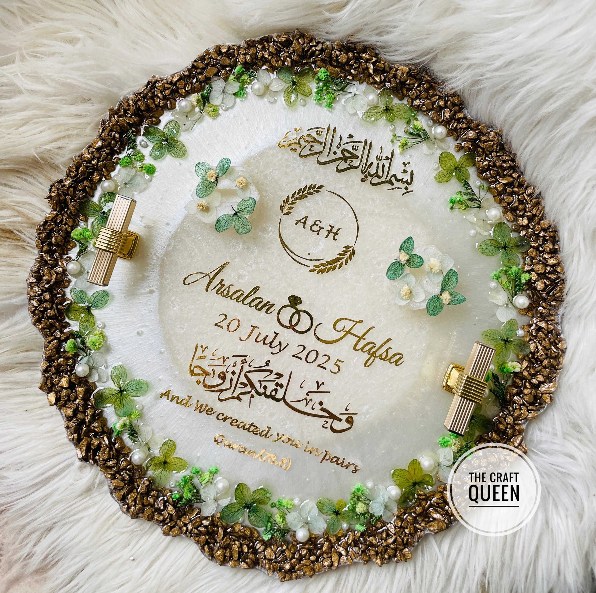 Personalized Islamic Wedding Acrylic Tray with Green Floral & Gold Stone Detailing