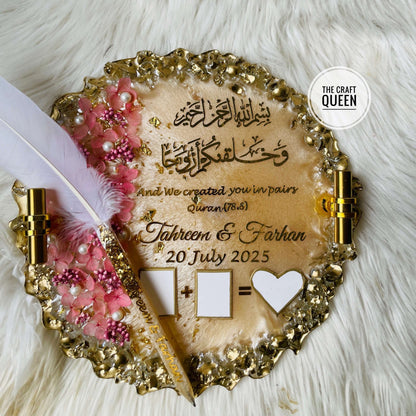 Personalized Islamic Wedding Tray with Pink Floral & Gold Detailing