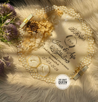 Luxury Islamic Resin Wedding Tray with Pearls | Customized Nikkah Gift Pakistan