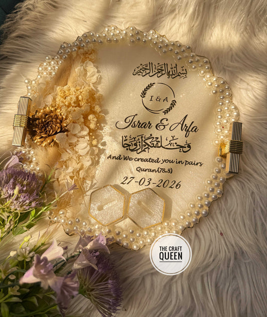 Luxury Islamic Resin Wedding Tray with Pearls | Customized Nikkah Gift Pakistan