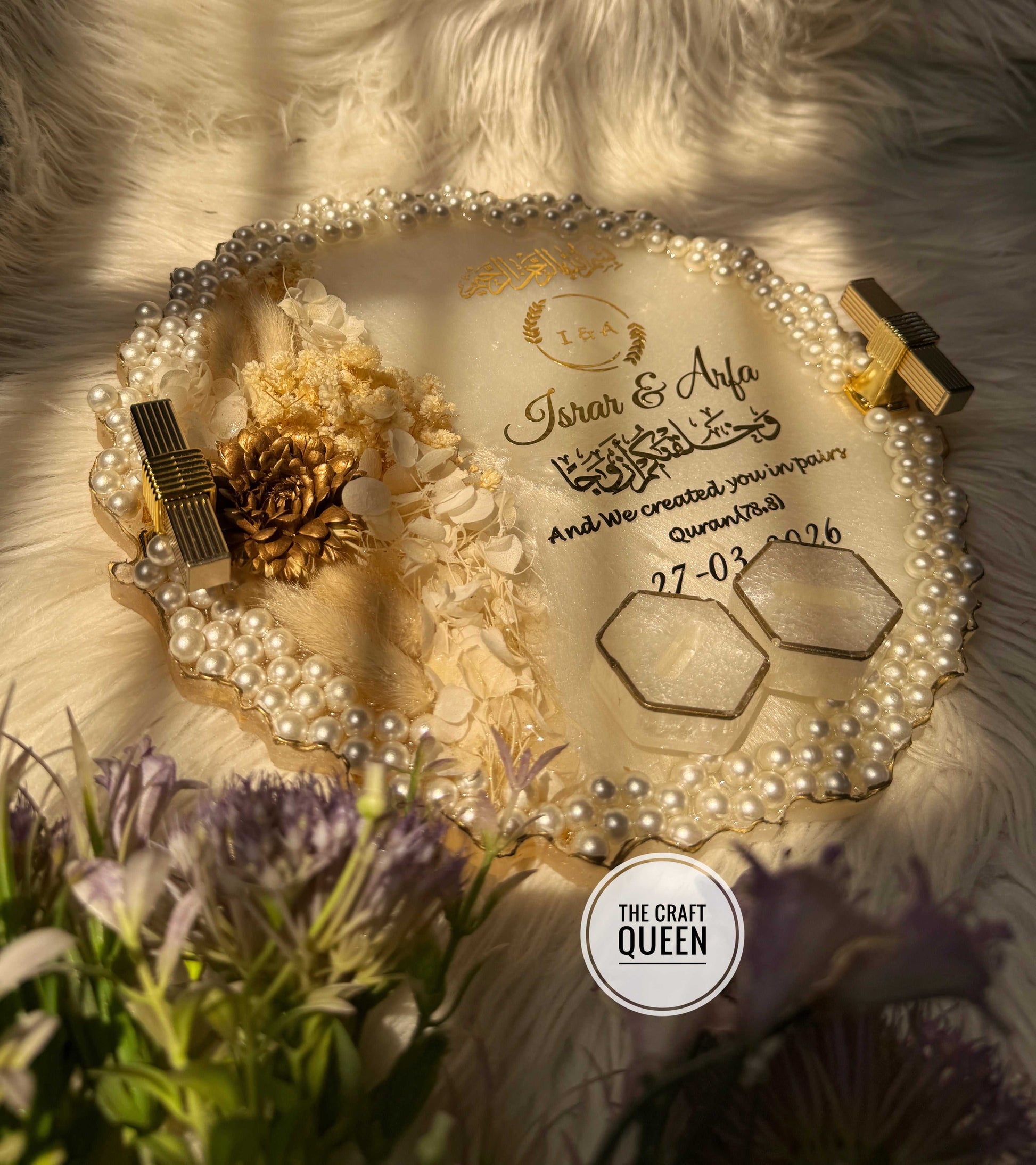 Luxury Islamic Resin Wedding Tray with Pearls | Customized Nikkah Gift Pakistan