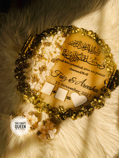 Luxury Resin Nikkah Nama Plate – Custom Islamic Wedding Signature Tray with Names & Date | Handmade Resin Décor