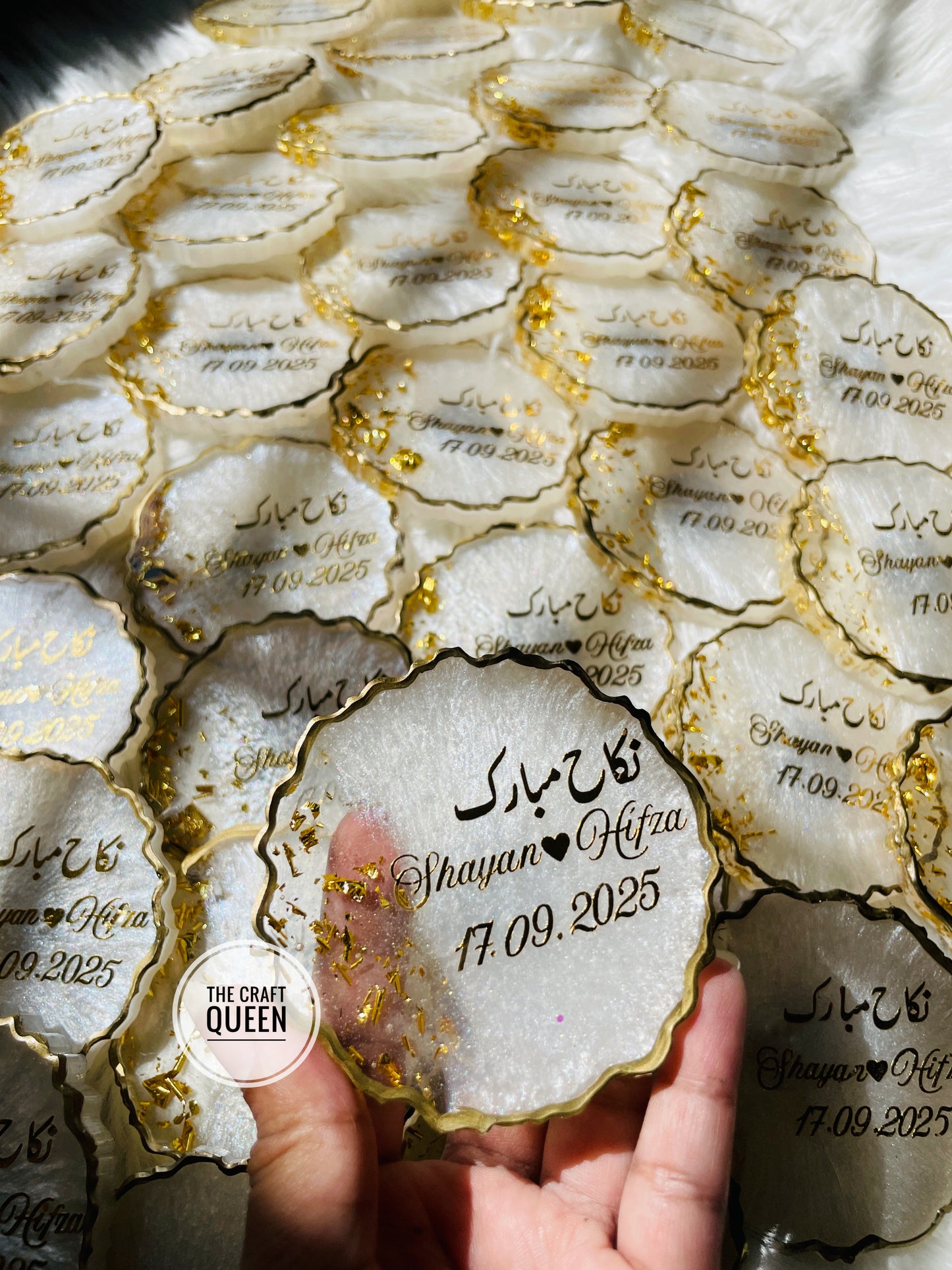 Custom Resin Nikkah Favors – Personalized Wedding Coasters with Name & Date | Premium Acrylic Giveaway for Events