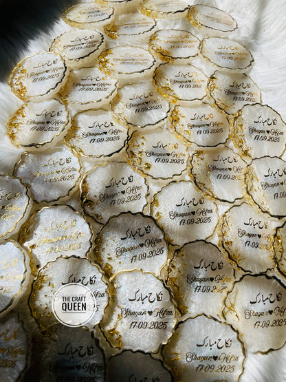 Custom Resin Nikkah Favors – Personalized Wedding Coasters with Name & Date | Premium Acrylic Giveaway for Events