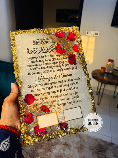 Personalized Islamic Nikah Resin Frame with Preserved Roses & Arabic Calligraphy