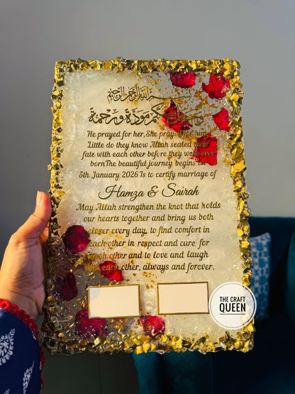 Personalized Islamic Nikah Resin Frame with Preserved Roses & Arabic Calligraphy
