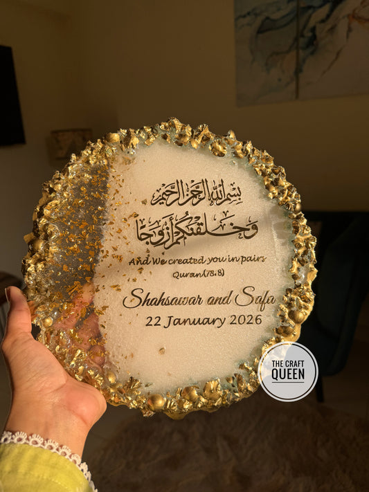 Customized Nikah Resin Keepsake with Quranic Verse – Handmade Wedding Décor