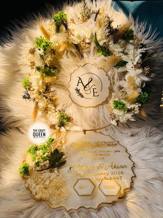 Luxury Customized Nikah Resin Plaque Set with Floral Wreath & Quranic Verse