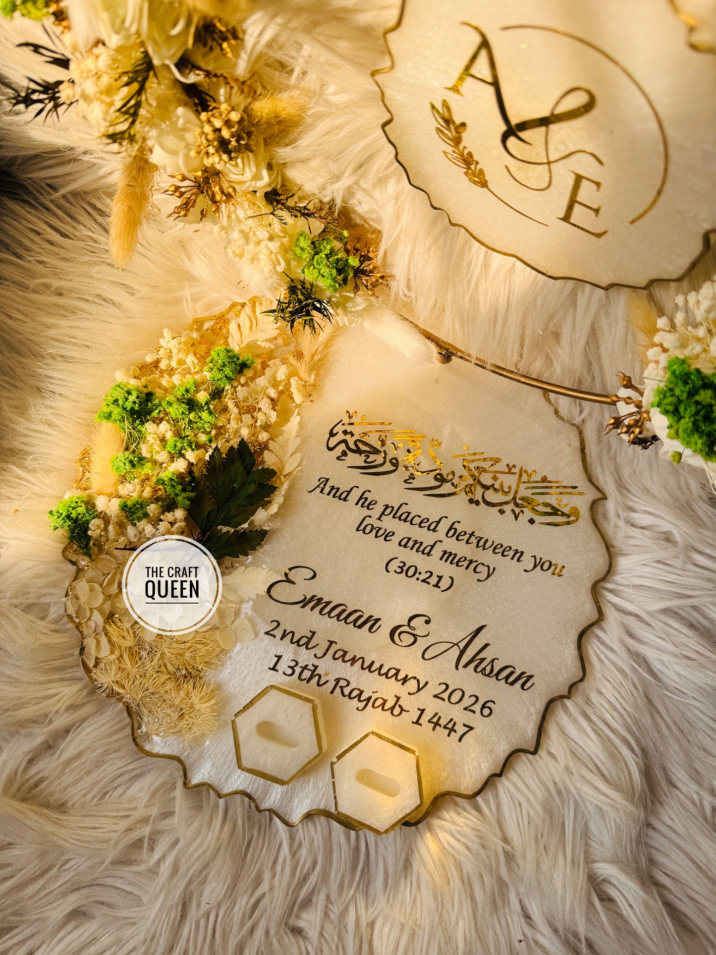 Luxury Customized Nikah Resin Plaque Set with Floral Wreath & Quranic Verse