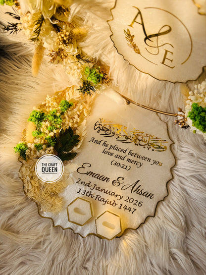 Luxury Customized Nikah Resin Plaque Set with Floral Wreath & Quranic Verse