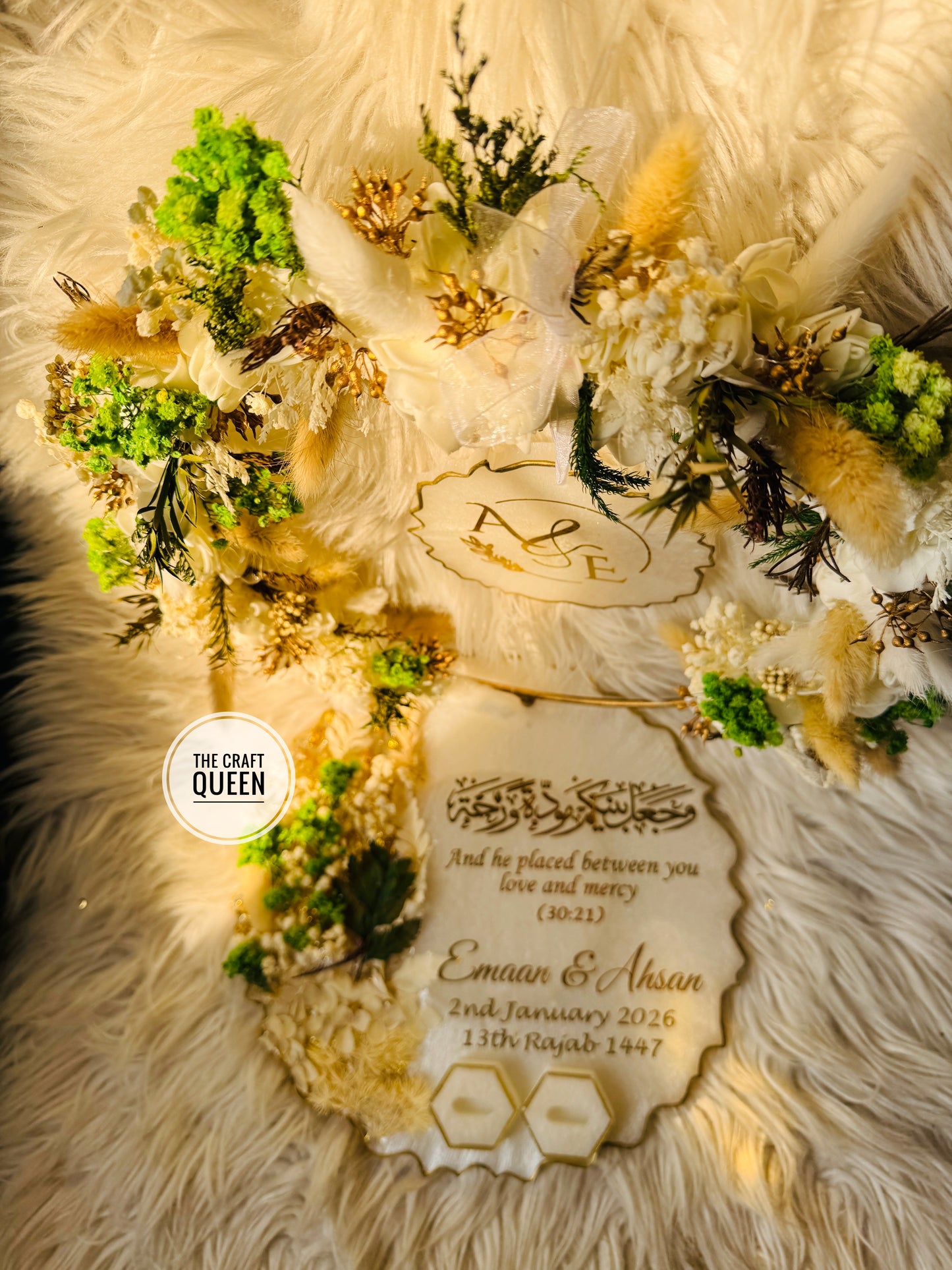 Luxury Customized Nikah Resin Plaque Set with Floral Wreath & Quranic Verse