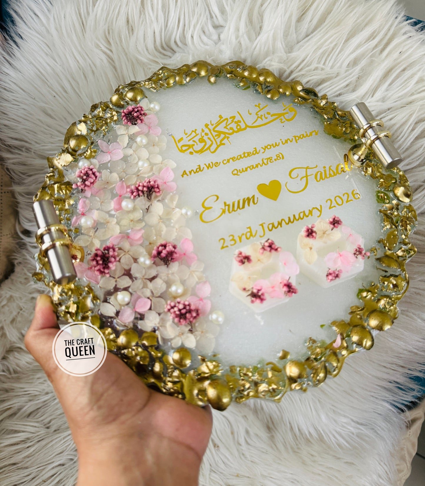 Customized Nikah Resin Ring Tray with Quranic Verse & Floral Detailing