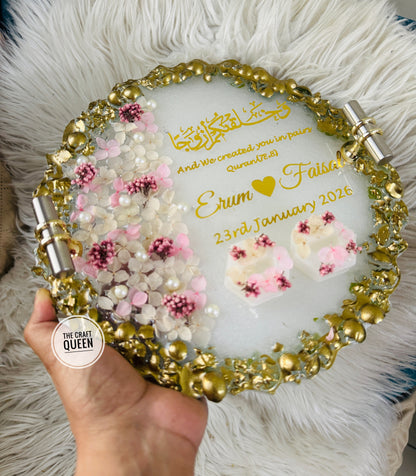 Customized Nikah Resin Ring Tray with Quranic Verse & Floral Detailing