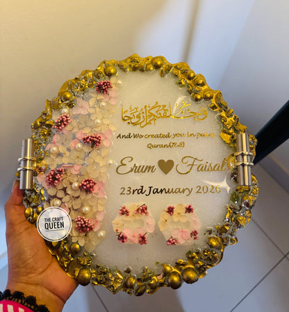 Customized Nikah Resin Ring Tray with Quranic Verse & Floral Detailing