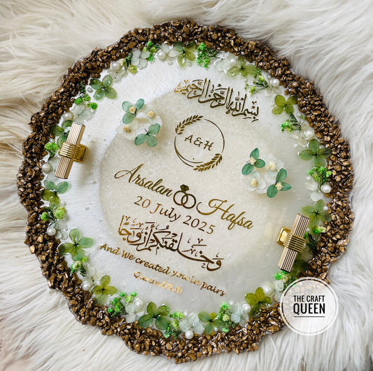 Personalized Islamic Wedding Acrylic Tray with Green Floral & Gold Stone Detailing