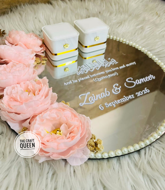 Blush Pink Floral Mirror Tray with White & Gold Favor Boxes