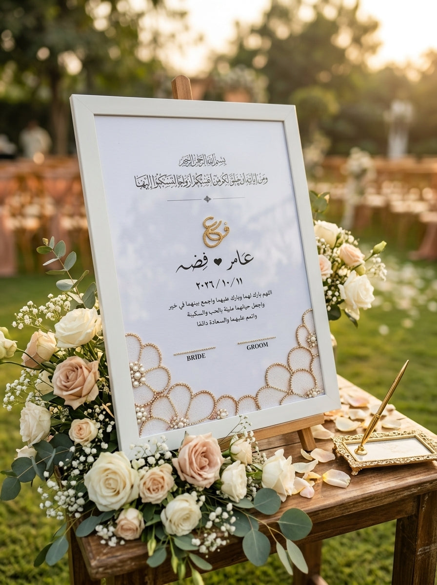 A framed wedding invitation card with Arabic text stands on a wooden table outdoors, surrounded by blush and cream roses, greenery, and gold ring-shaped decorations. The background shows a softly blurred event setting with warm sunlight.
