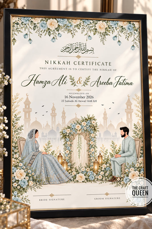 Blue Garden Nikah Certificate Frame with Illustrated Wedding Scene