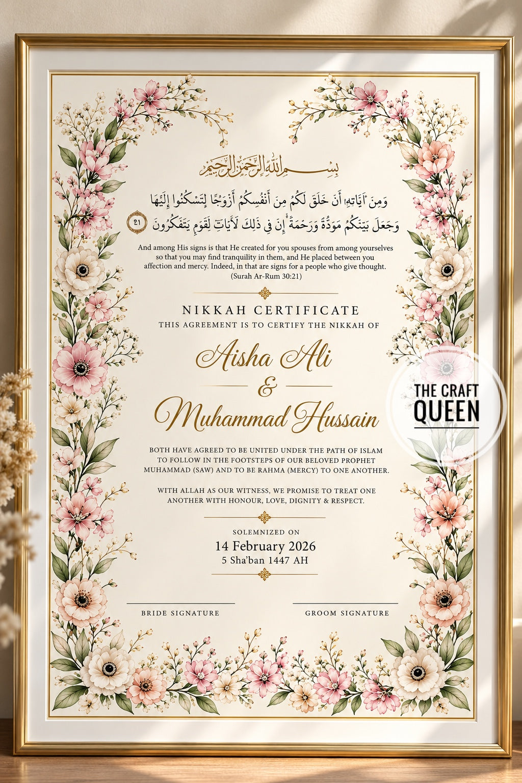 Blush Blossom Nikah Certificate Frame – Personalized Islamic Wedding Keepsake