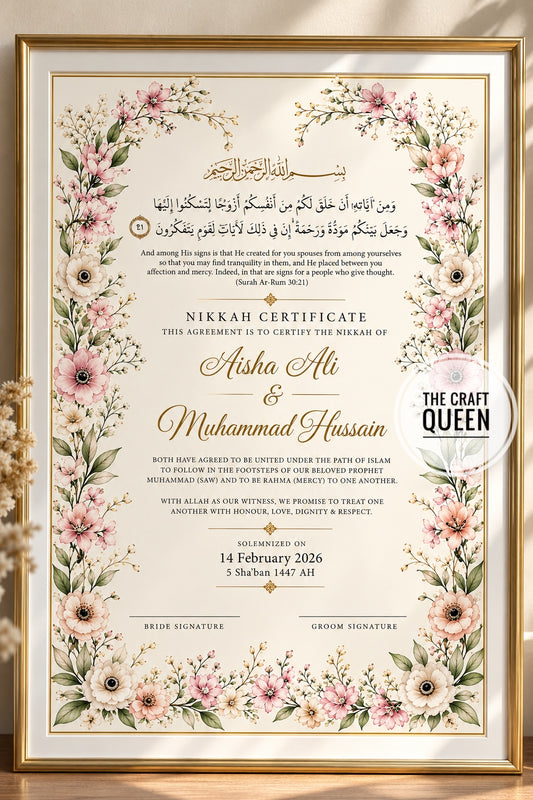 Blush Blossom Nikah Certificate Frame – Personalized Islamic Wedding Keepsake