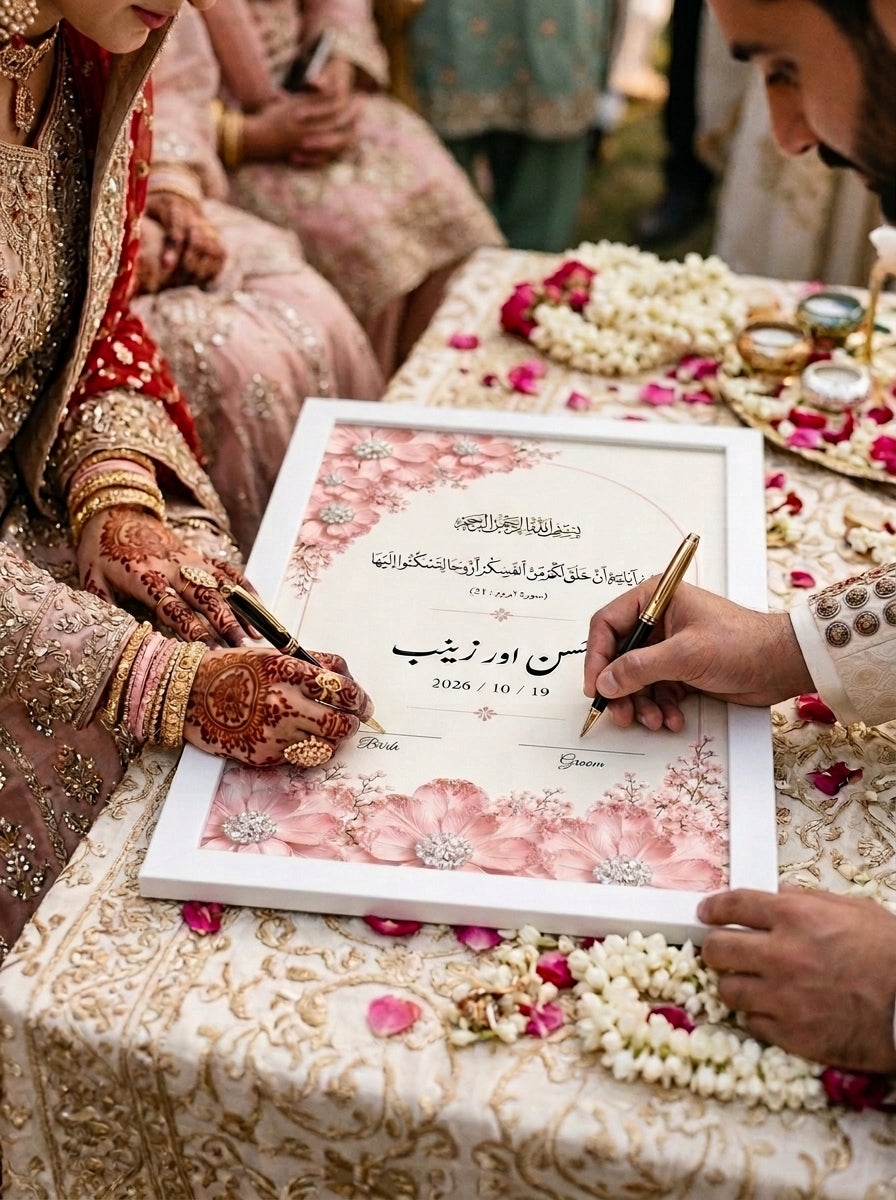 Petal Serenity Nikah Certificate Frame – Personalized Pink Floral Islamic Keepsake