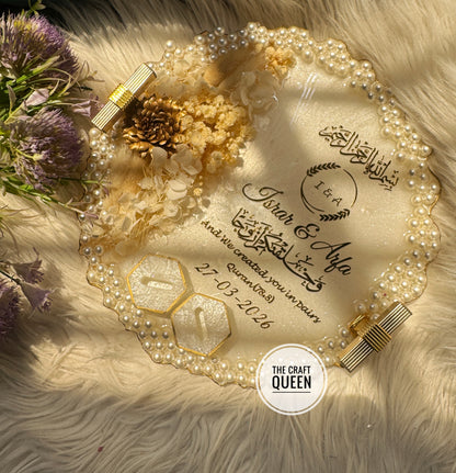 Luxury Islamic Resin Wedding Tray with Pearls | Customized Nikkah Gift Pakistan