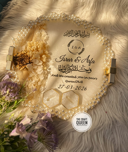 Luxury Islamic Resin Wedding Tray with Pearls | Customized Nikkah Gift Pakistan