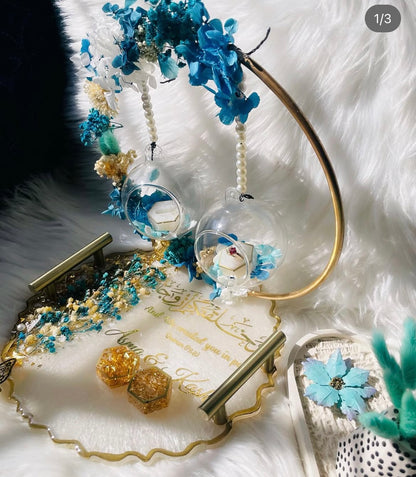 Luxury Resin Nikkah Tray with Glass Hanging Ring Boxes – Custom Islamic Wedding Gift | Bridal Engagement Ring Platter | Handmade Floral Resin Tray