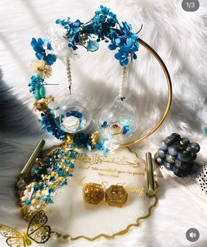 Luxury Resin Nikkah Tray with Glass Hanging Ring Boxes – Custom Islamic Wedding Gift | Bridal Engagement Ring Platter | Handmade Floral Resin Tray