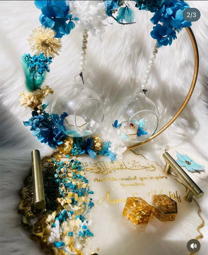 Luxury Resin Nikkah Tray with Glass Hanging Ring Boxes – Custom Islamic Wedding Gift | Bridal Engagement Ring Platter | Handmade Floral Resin Tray