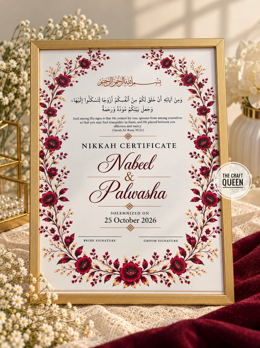 Burgundy Petal Nikah Certificate Frame – Personalized Islamic Wedding Keepsake