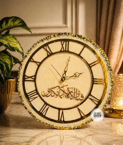 Luxury Islamic Wall Clock with Arabic Calligraphy – Gold Roman Design Resin Clock
