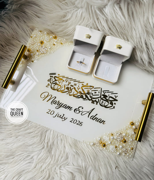 Personalized Resin Engagement Ring Tray with Arabic Calligraphy and Gold Handles
