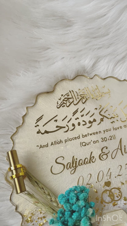 Personalized Resin Wedding Ring Platter with Quranic Verse & Golden Handles