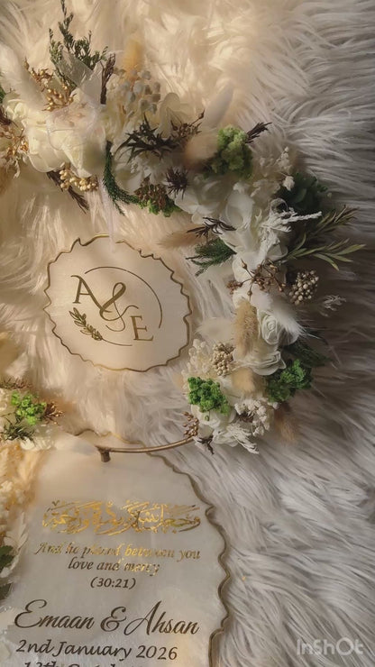 Luxury Customized Nikah Resin Plaque Set with Floral Wreath & Quranic Verse