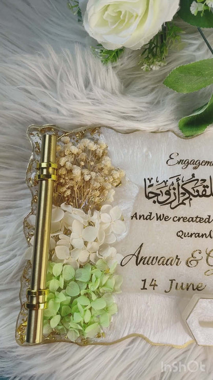 Personalized Green, White & Gold Islamic Engagement Scroll Plaque with Quranic Verse